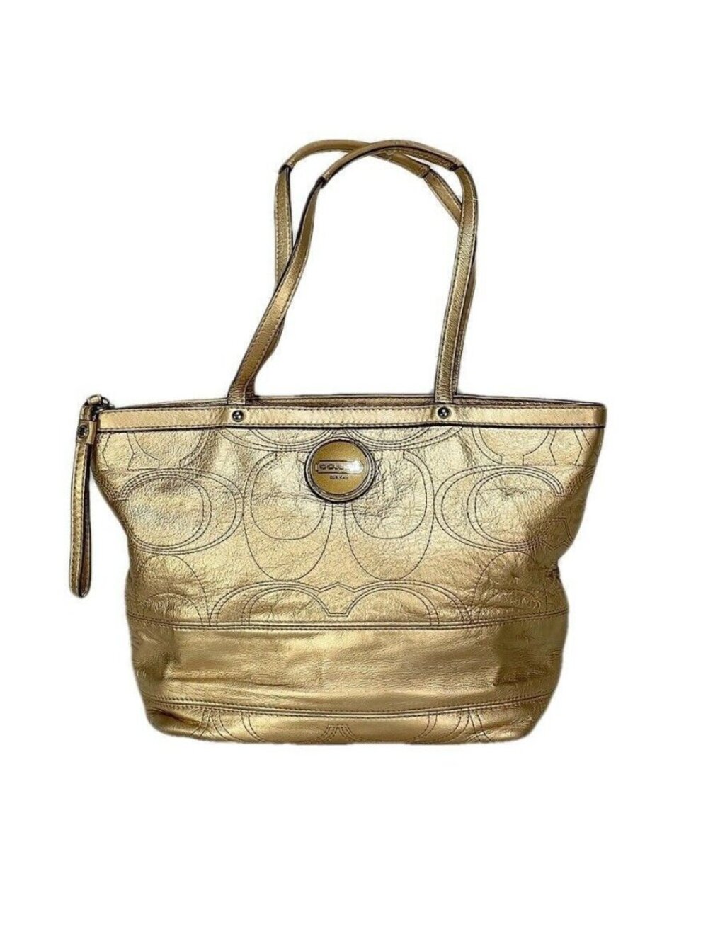 Gold COACH Signature Metallic Tote Bag With Logo & Zip Closure